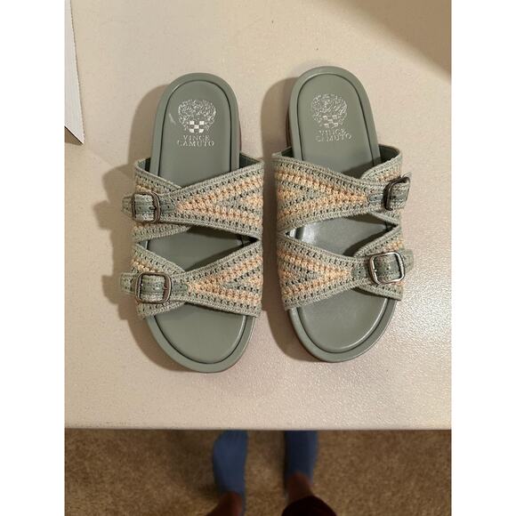 Vince Camuto Women's Sage Green Crochet Double Strap Slide Sandals Buckle Size 9 - Picture 6 of 9